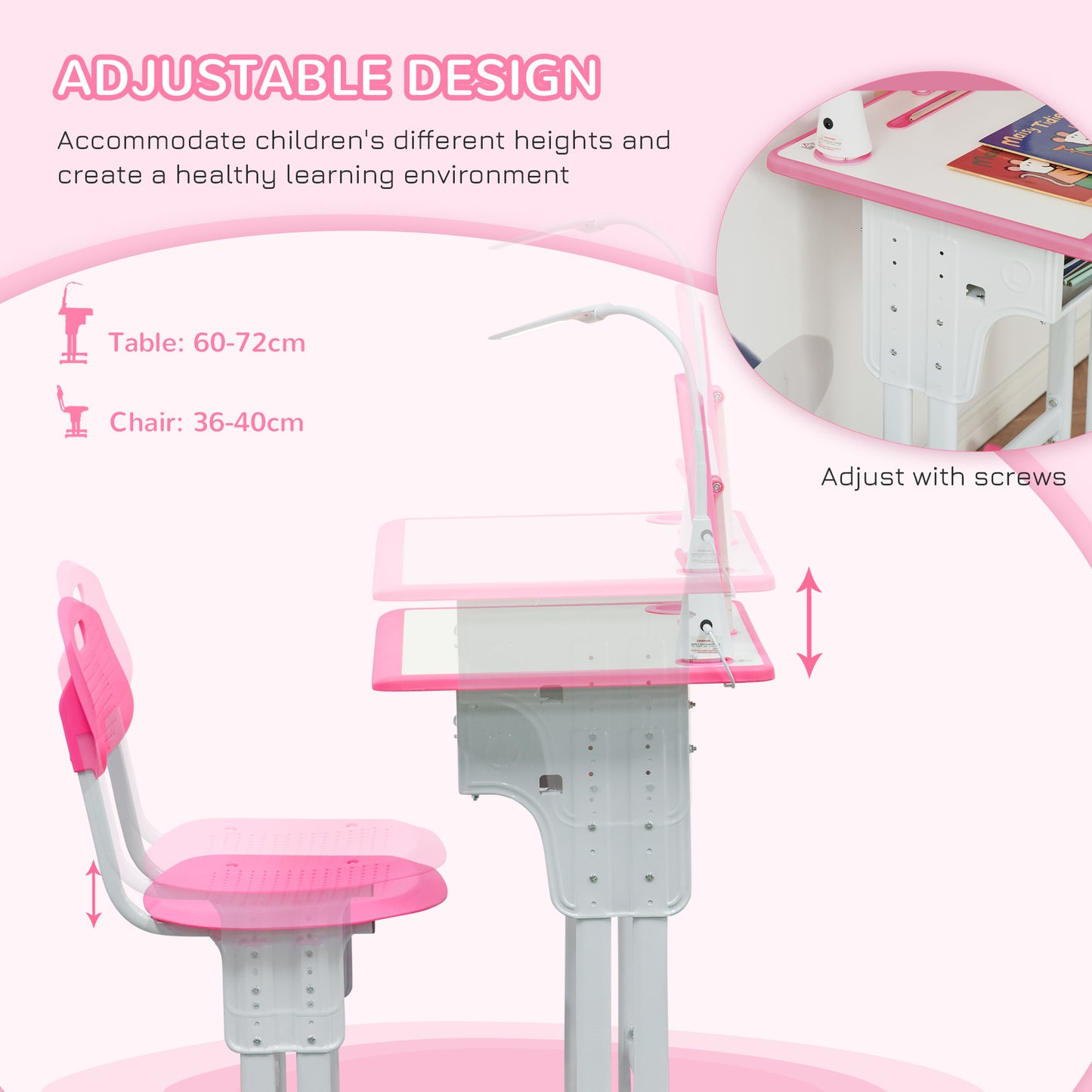 HOMCOM Kids Desk and Chair Set Adjustable Height Study Table Set with Drawer, Book Stand, Pen Slot - Pink