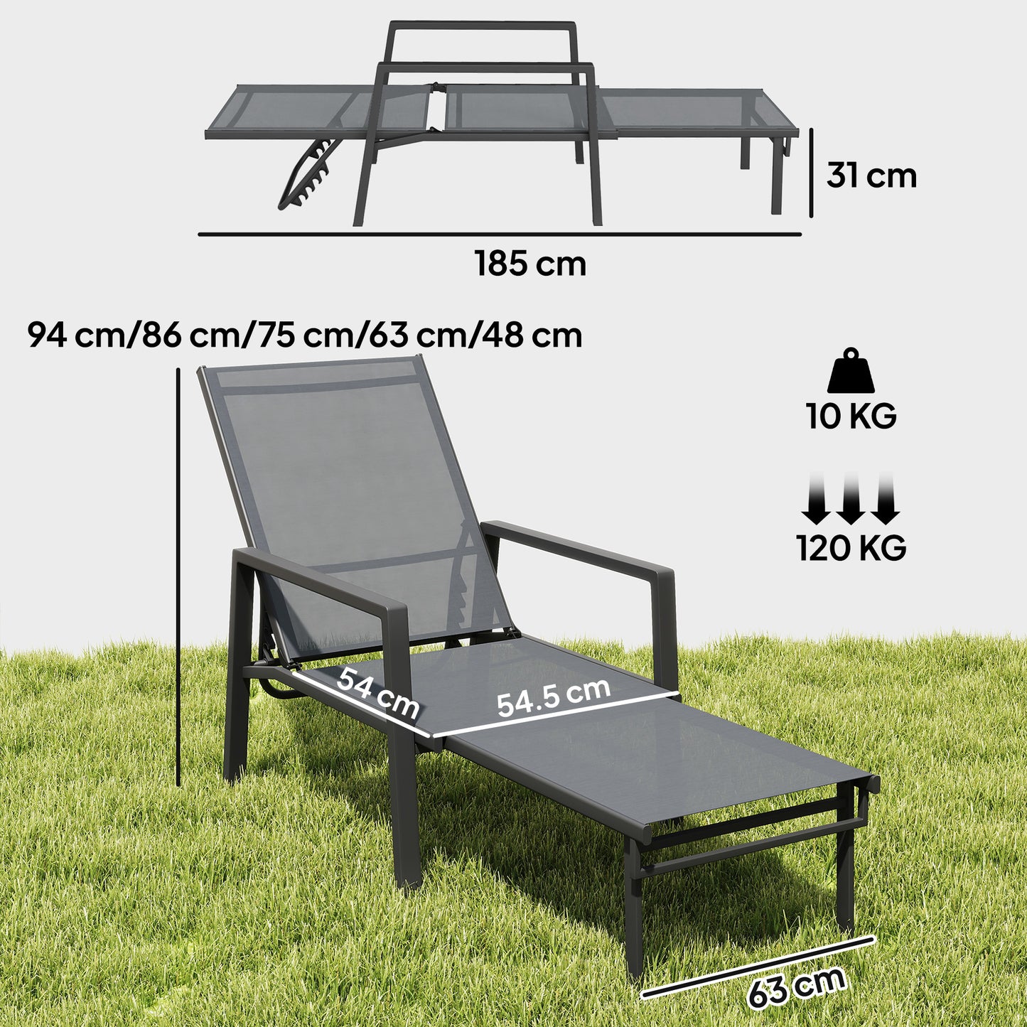 Outsunny Sun Loungers Set of 2 Retractable Footrest 5-Position Adjustable Steel Frame for Beach, Porch, Patio, Camping, Dark Grey--ChewyGames-ChewyGames