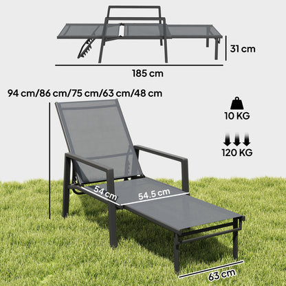 Outsunny Sun Loungers Set of 2 Retractable Footrest 5-Position Adjustable Steel Frame for Beach, Porch, Patio, Camping, Dark Grey--ChewyGames-ChewyGames