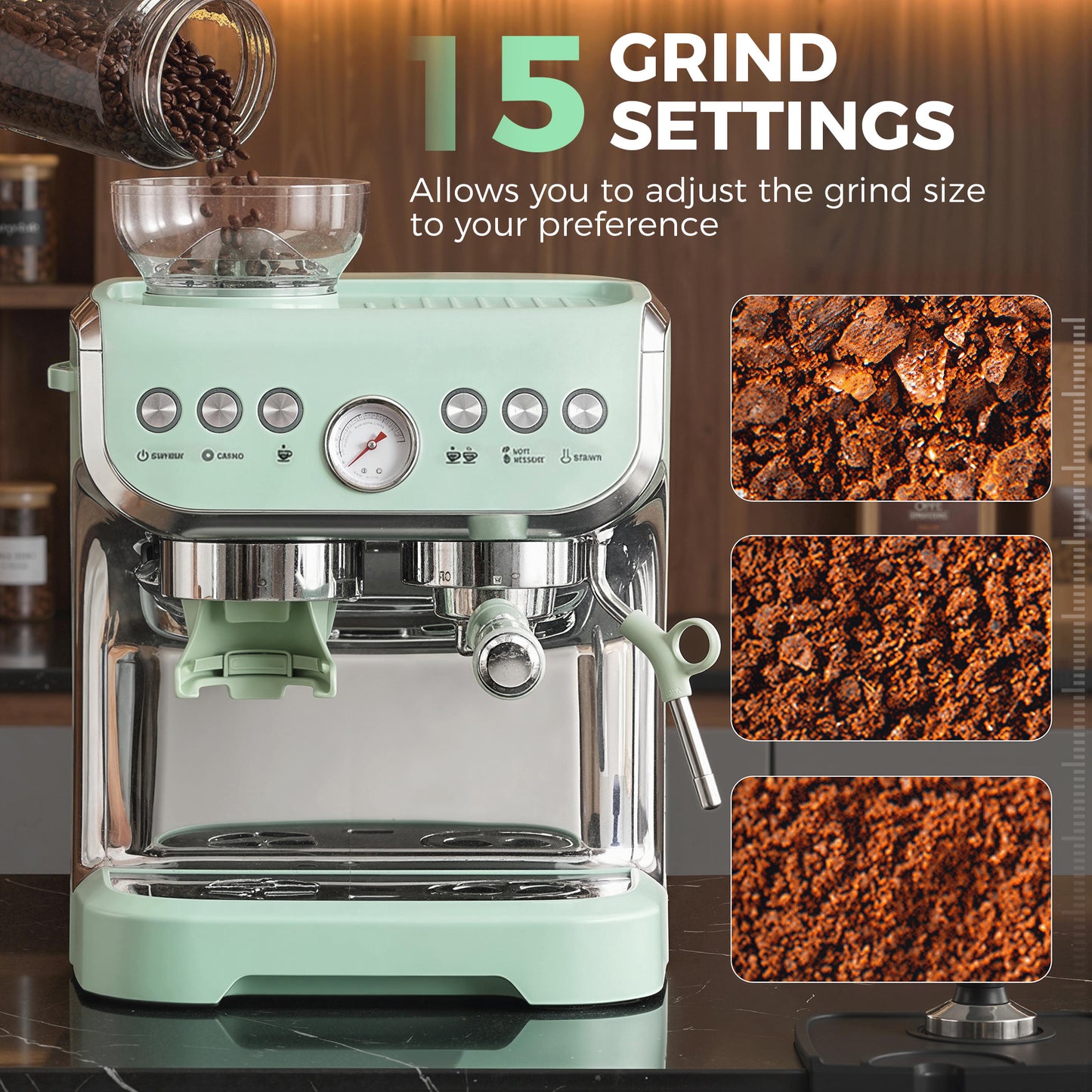 HOMCOM 15 Bar Coffee Machine, with Adjustable Grind, Steamer and Accessories - Light Green