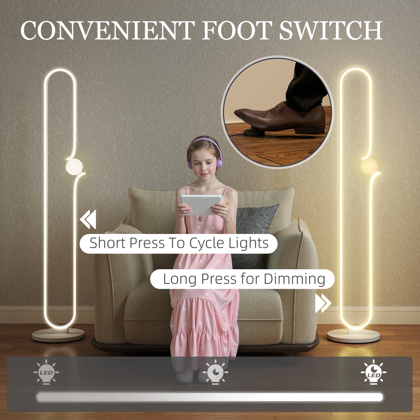 HOMCOM LED Floor Lamp, Dimmable Floor Standing Lamp with Glass Night Light, Foot Switch for Living Room, Bedroom, Office, White