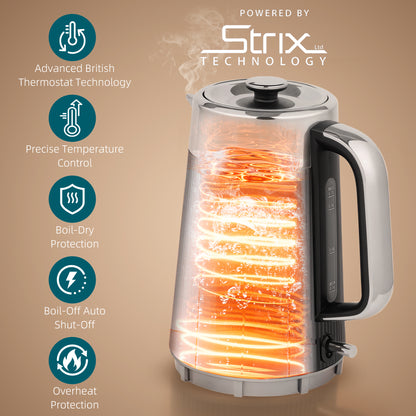 HOMCOM Electric Stainless Steel Kettle and Toaster Set, 3000W 1.7L UK Strix Thermostat Fast Boil Kettle w/ Limescale Filter, Cool Touch Body, 4 Slice Toaster with 7 Browning Levels, Black