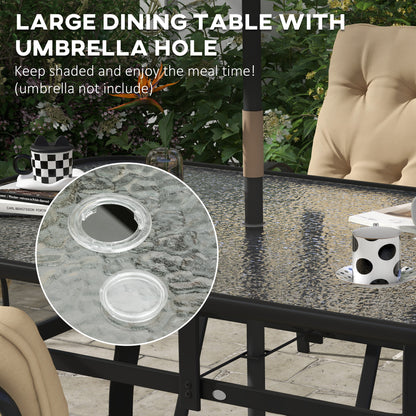 Outsunny Seven-Piece Garden Dining Set with Ripple Tempered Glass Tabletop and Full-size Cushions - Beige