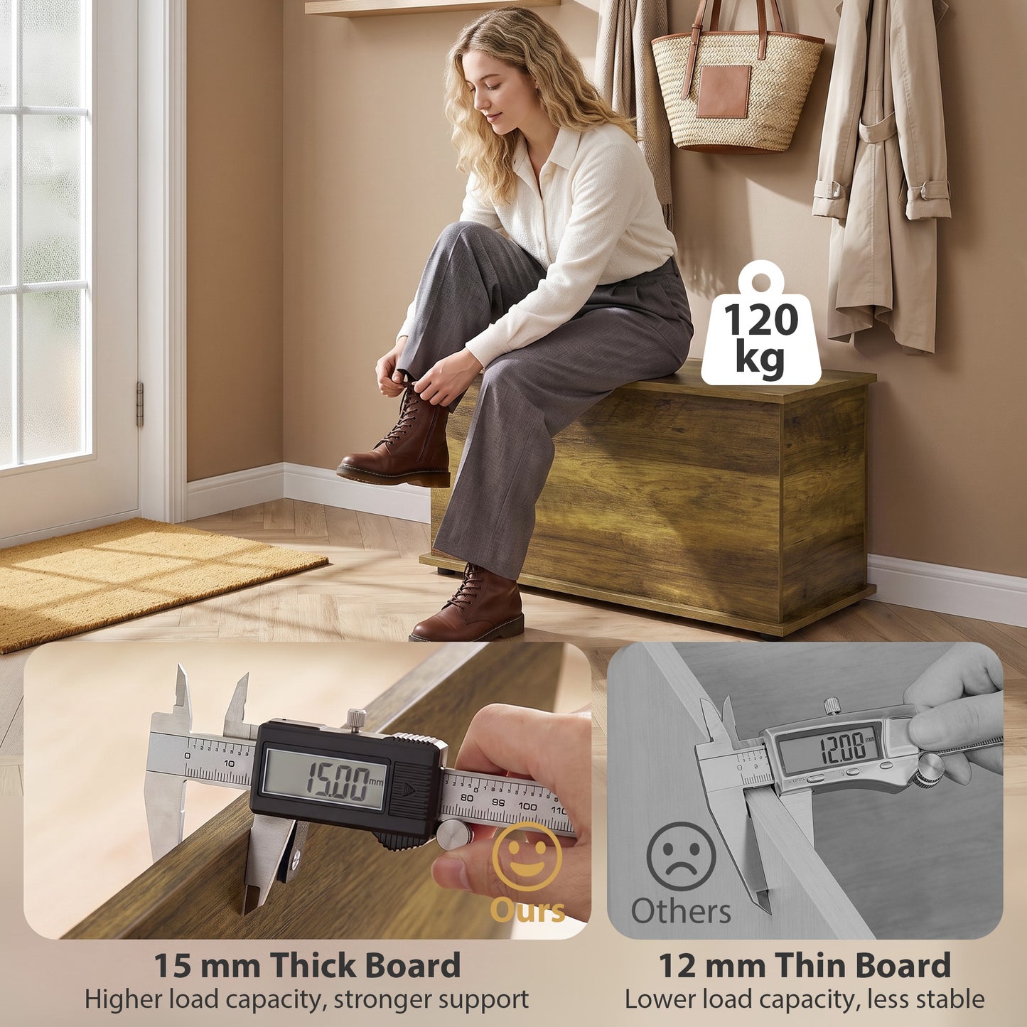 HOMCOM Storage Chest, 102L Blanket Box, Shoe Bench Safety Hinged Lid, Bed End Bench for Bedroom, 80 x 40 x 45cm, Brown