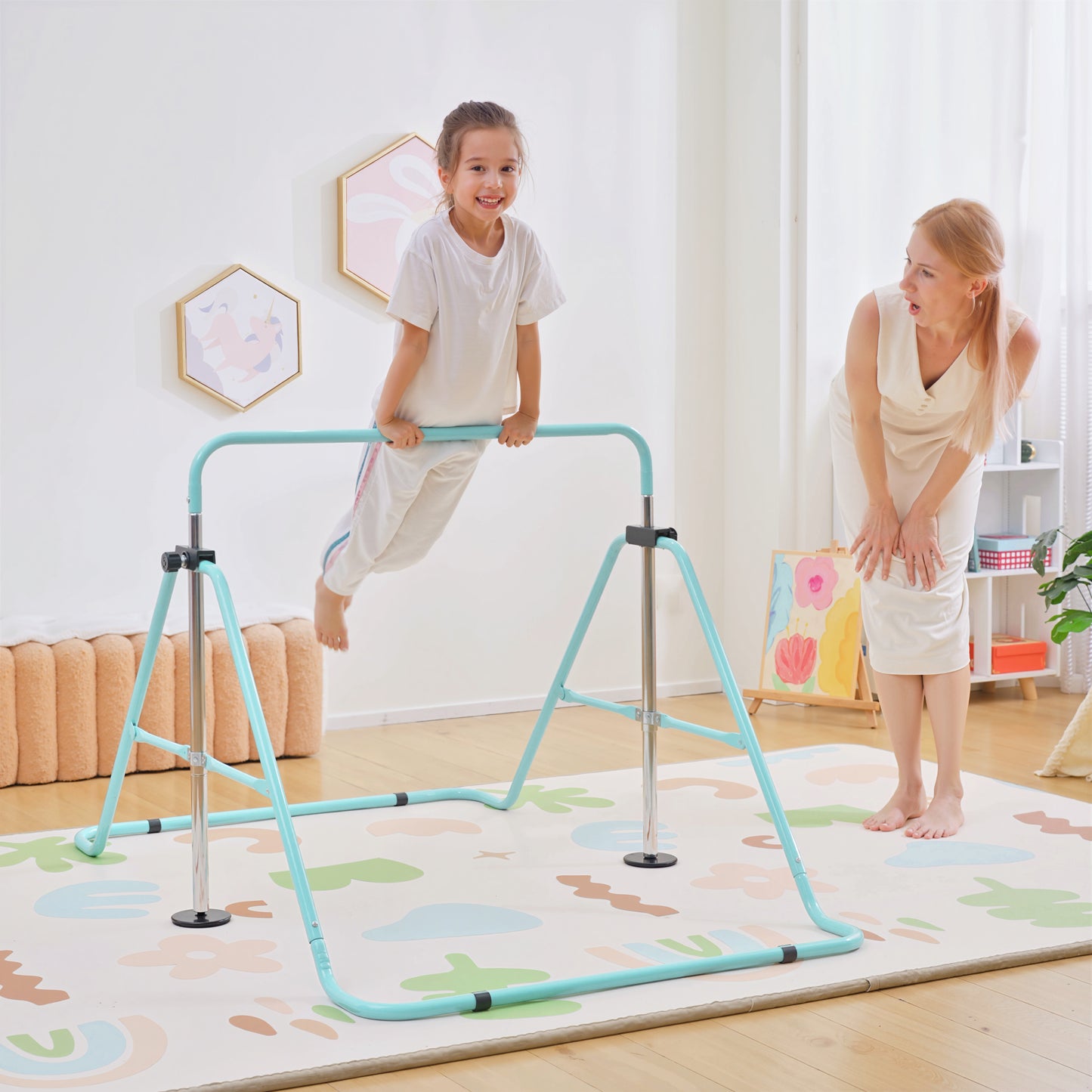 HOMCOM Kids Gymnastic Bar, with Adjustable Height, Foldable Horizontal Bars - Light Blue