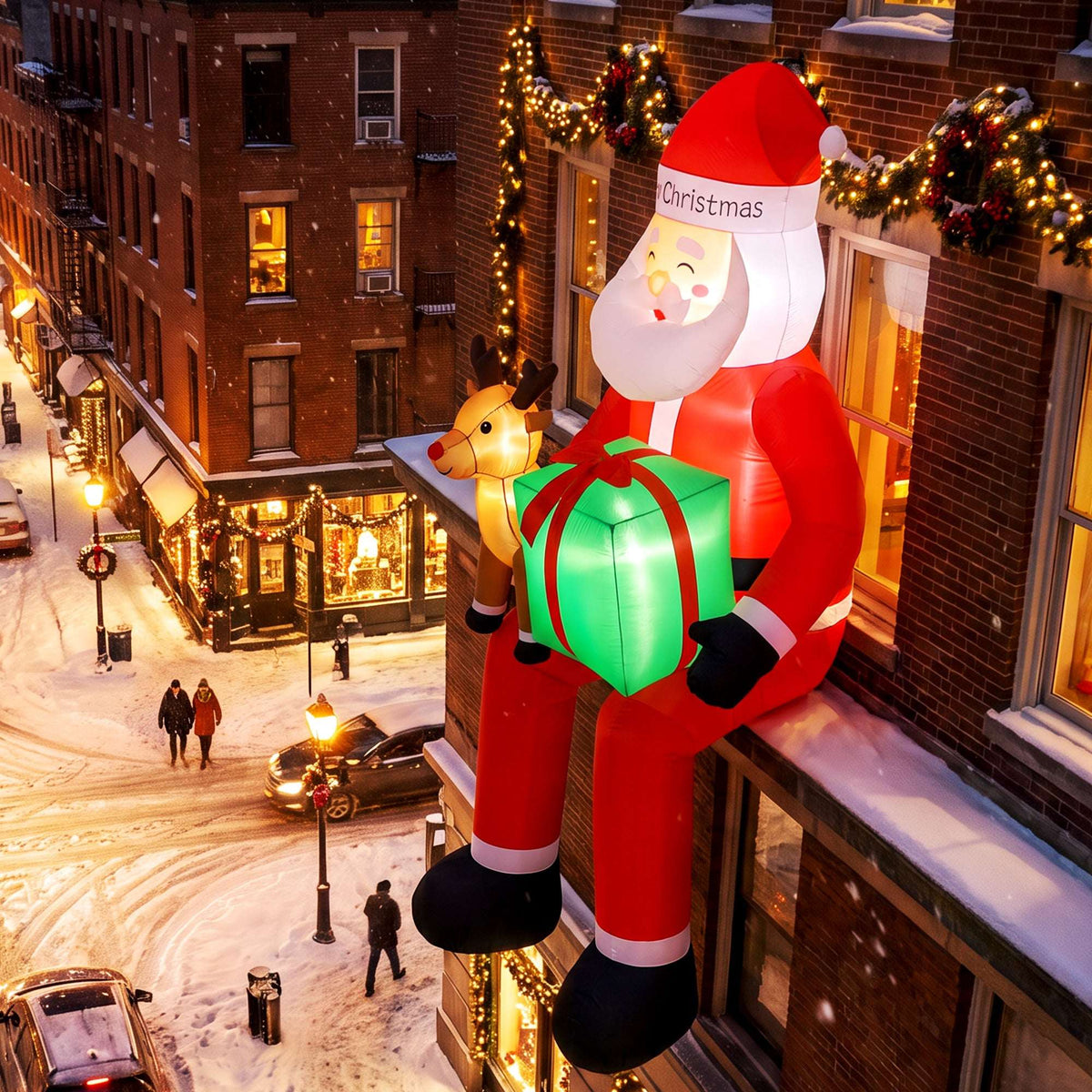 Outsunny 9.3ft Giant Christmas Inflatable Hanging Santa Claus Sitting w/ Reindeer, Gift Box