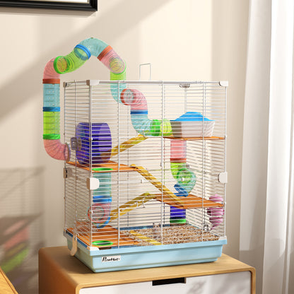 PawHut 5 Tier Hamster Cage Carrier Habitat w/ Exercise Wheels, Tunnel, Light Blue