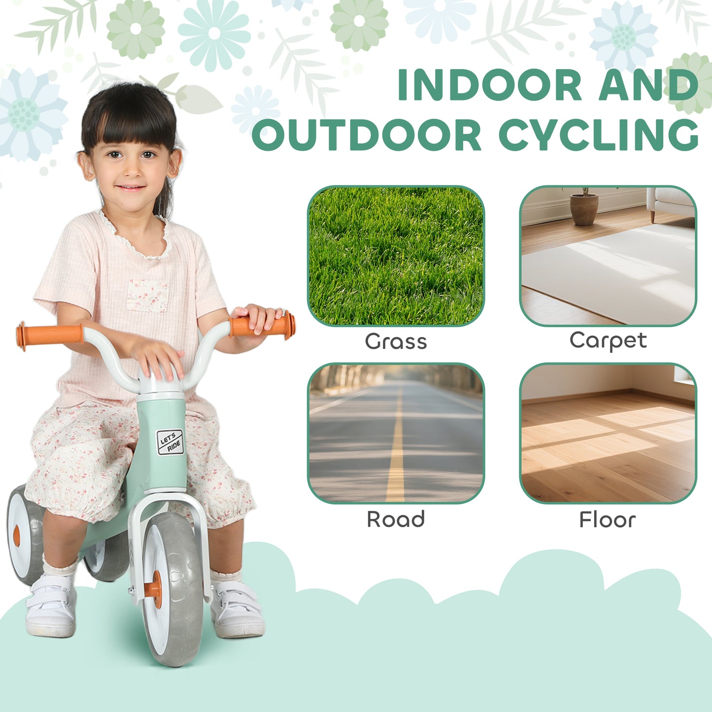 AIYAPLAY Toddler Balance Bike with No Pedal, 3 Silence Wheels for 12-36 Months Boys and Girls, Indoor Outdoor, Green