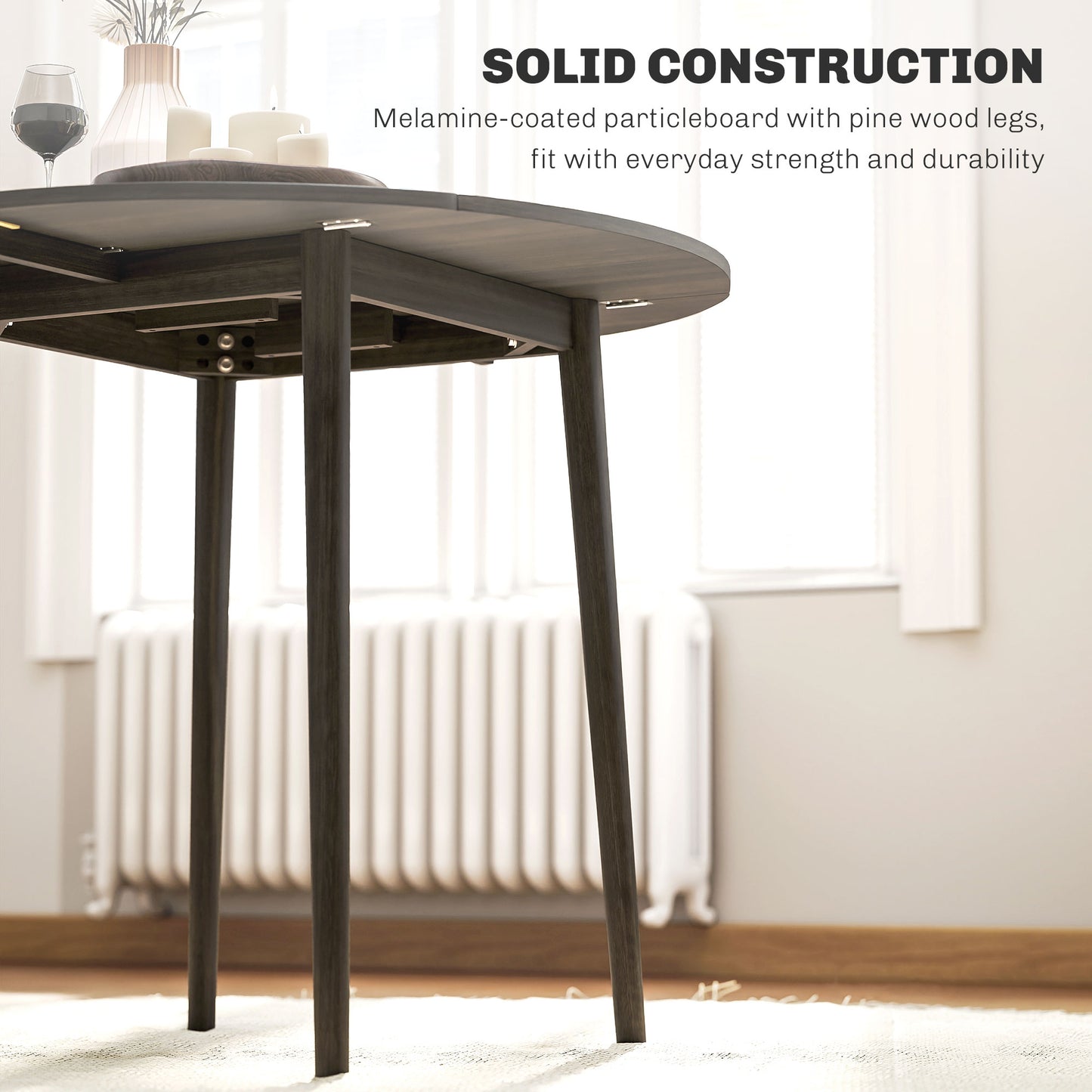 HOMCOM Folding Dining Table for 4, Round Drop Leaf Table, Modern Space Saving Small Kitchen Table with Wood Legs for Dining Room, Grey