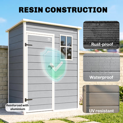Outsunny 5' x 3' Plastic Garden Shed with Floor, Outdoor Storage Shed with Lockable Door, Window and Vent for Garden, Patio, Grey