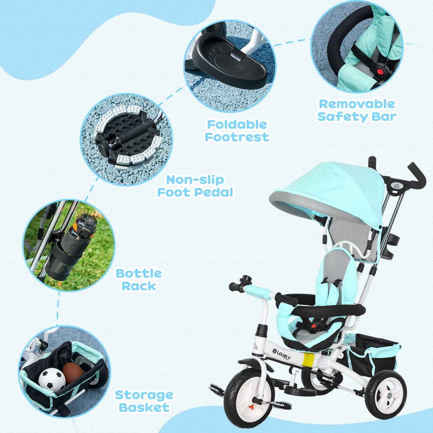 HOMCOM 6 in 1 Kids Trike Push Bike w/ Push Handle, Canopy, 5-point Seat Belt, Storage, Footrest, Brake, for 1-5 Years, Green
