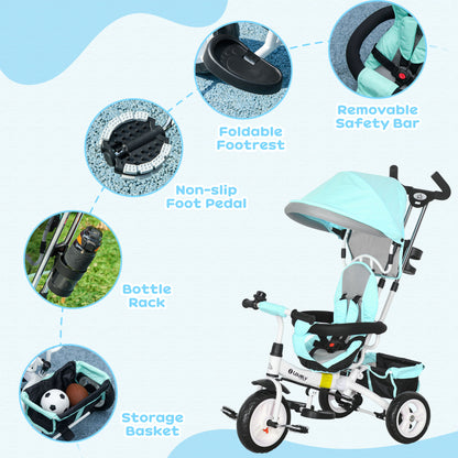 HOMCOM 6 in 1 Kids Trike Push Bike w/ Push Handle, Canopy, 5-point Seat Belt, Storage, Footrest, Brake, for 1-5 Years, Green