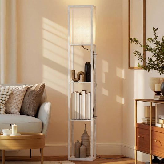 HOMCOM 3-Tier Floor Lamp with Shelves and Storage, Modern Corner Standing Lamp with Lampshade, Reading Light with Foot Switch for Living Room, Bedroom, Home Office, Bulb not Included, White