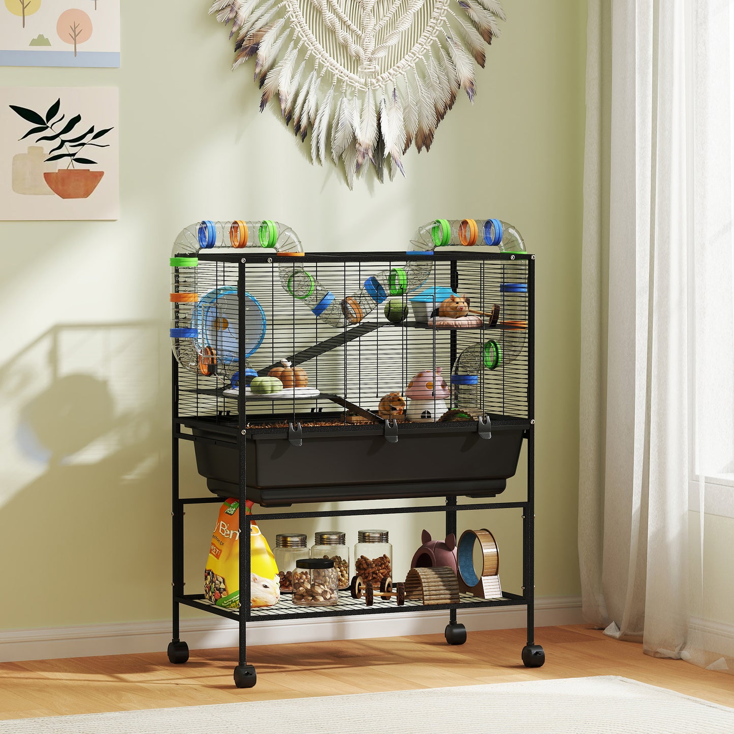 PawHut 3 Tier Large Hamster Cage on Wheels with 17 cm Deep Tray, Storage Shelf for Syrian, Gerbil, Rats