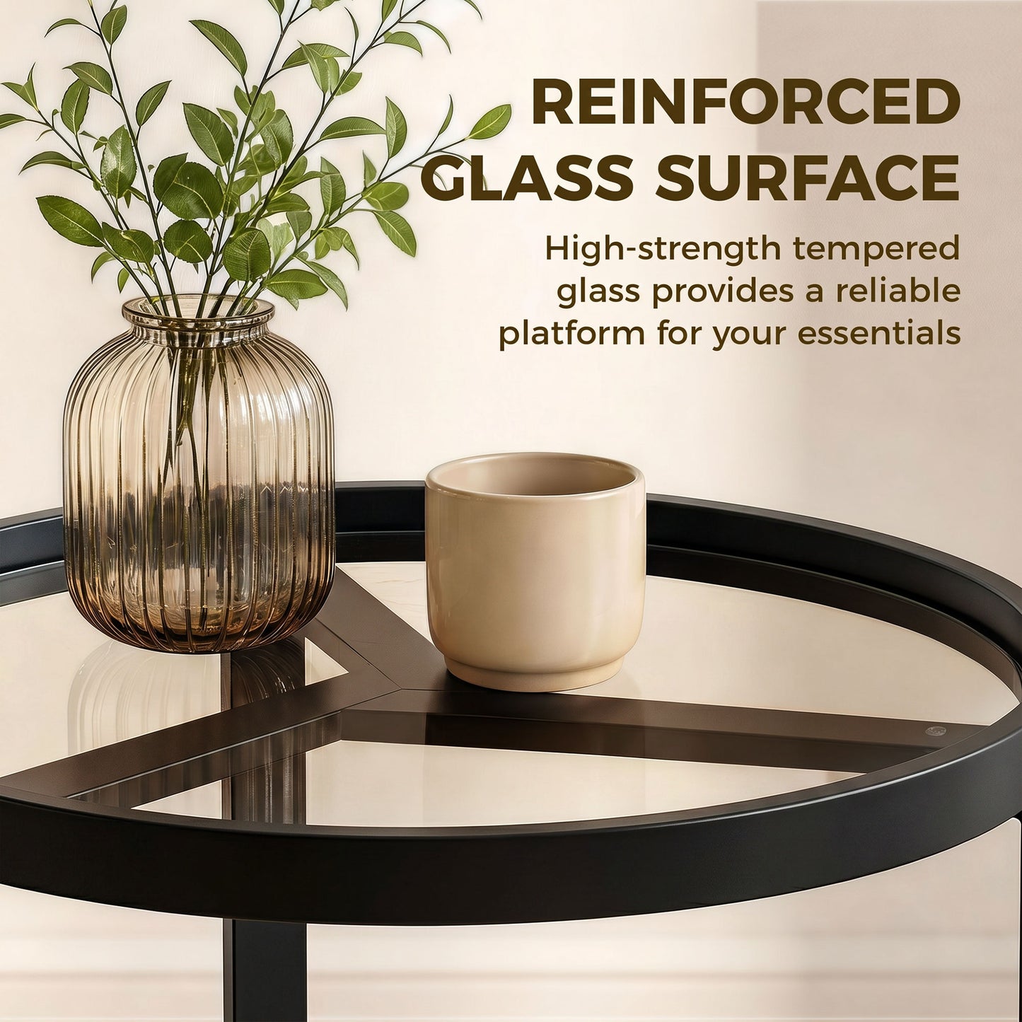 HOMCOM Round Side Table with Tempered Glass Top and Geometric Metal Frame for Small Space, Black