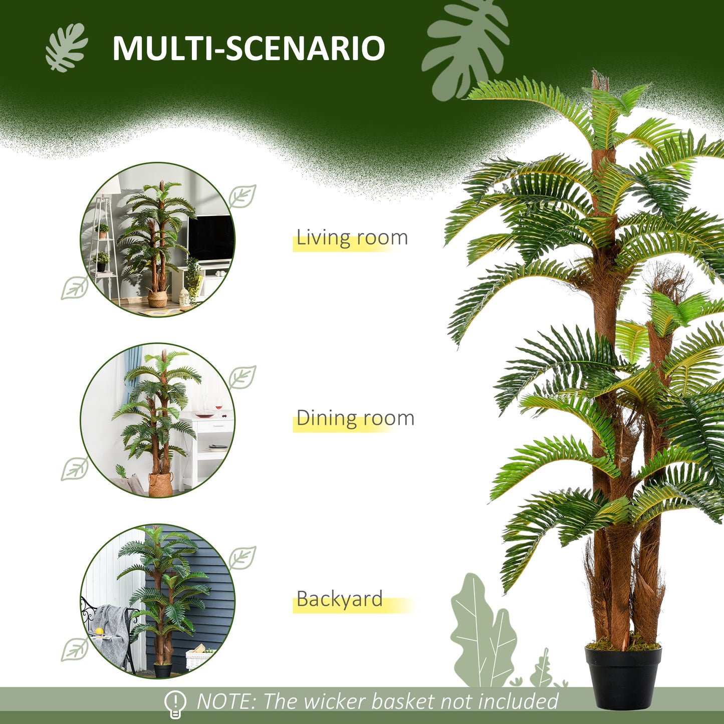 Outsunny Set of 2 Artificial Plant Tropical Fern in Pot, Fake Plants for Home Indoor Outdoor Decor, 150cm, Green
