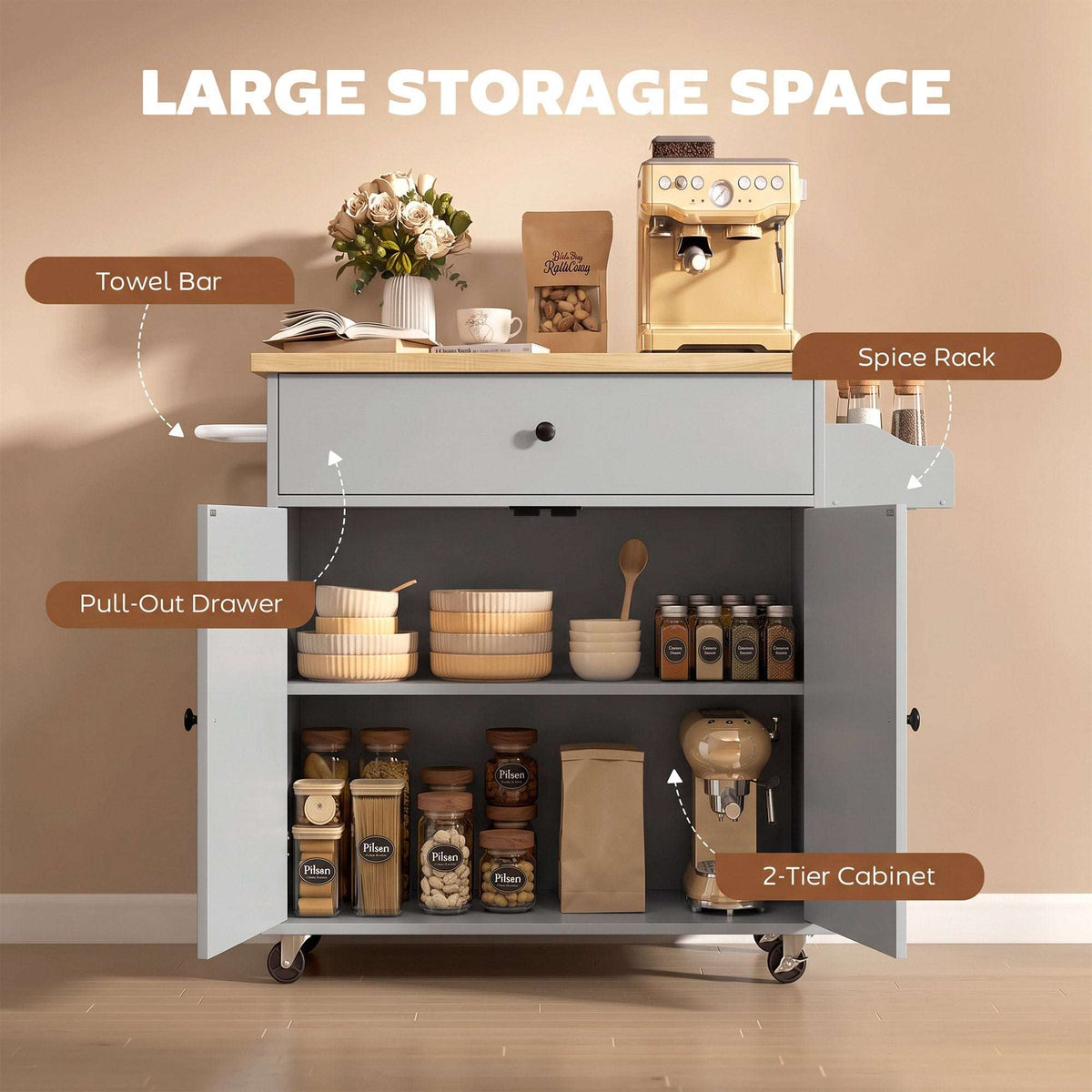 HOMCOM Kitchen Island with Drop Leaf, Rolling Kitchen Storage Trolley on Wheels with Drawer, Spice Rack and Towel Rack, Grey