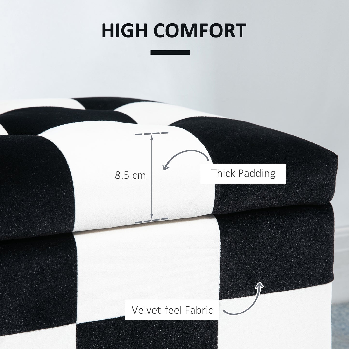 HOMCOM Storage Ottoman, Storage Bench with Wood Legs, Footstool, Footrest with Velvet Surface for Bedroom, Hallway, Living Room, 114 x 47 x 47 cm, White and Black