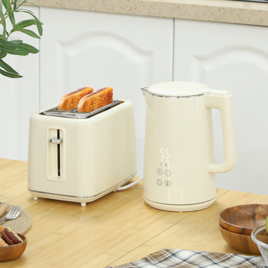 HOMCOM Digital Stainless Steel Kettle and Toaster Set, 1.5L 3000W Fast Boil Kettle, 2 Slice Toaster with 7 Level Browning Controls, Defrost, Reheat, Keep Warm, Crumb Tray and LED Touch Display, Beige