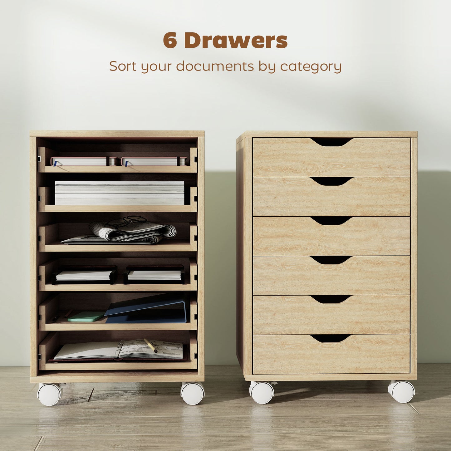 HOMCOM 6 Drawer Vertical File Cabinet, Mobile Filing Cabinet with Quiet Drawers and Wheels with 2 Brakes, Oak Wood Effect