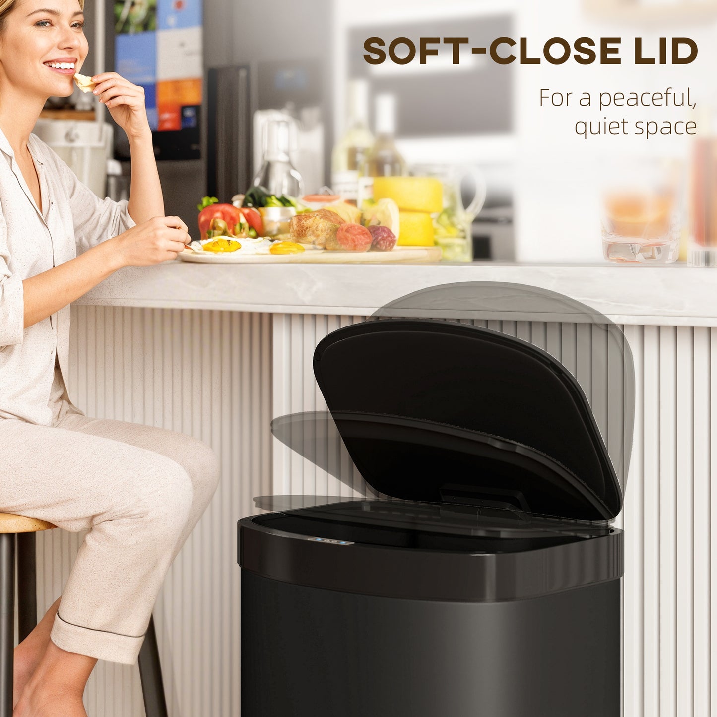 HOMCOM 55L Sensor Bin with Soft-Close Lid, Automatic Touchless Motion Sensor Kitchen Bin with Fingerprint Resistant Stainless Steel for Hygienic Gyms, Home Office Use, Black