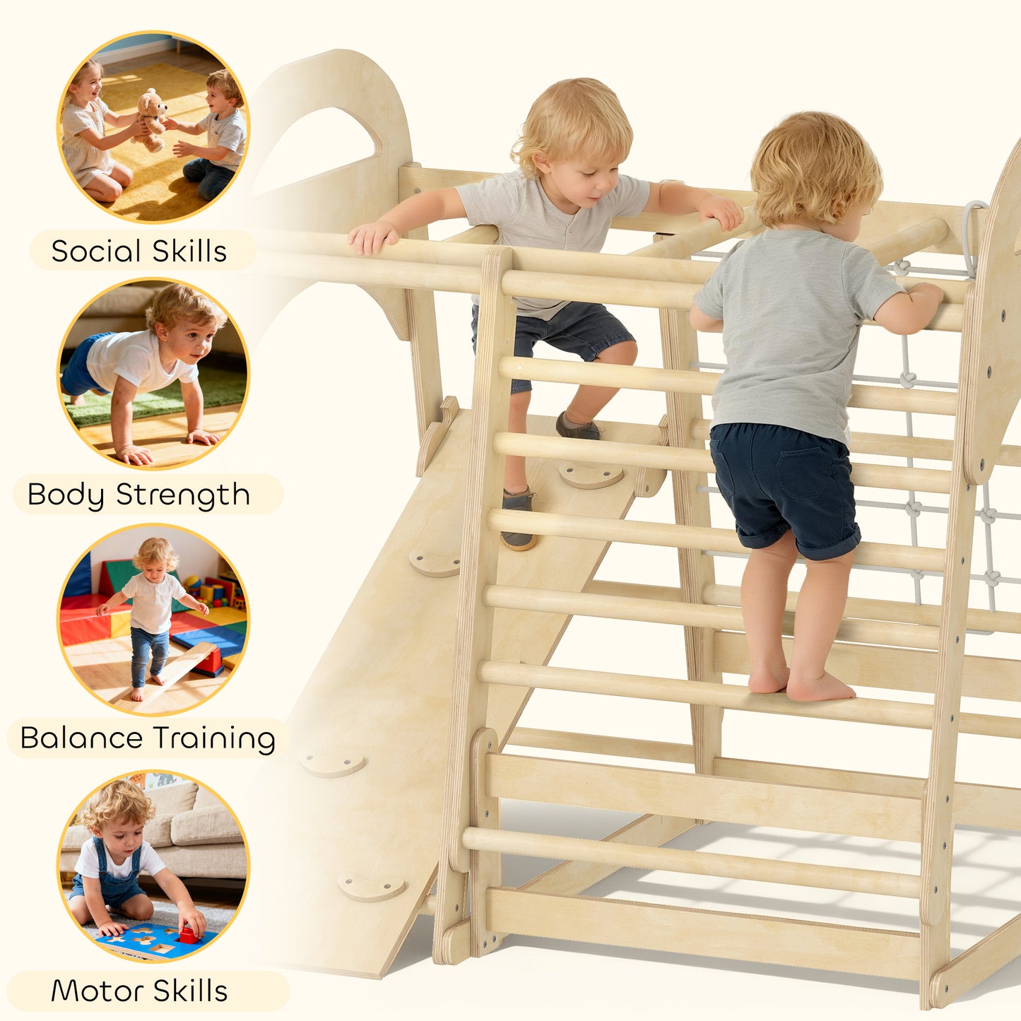 AIYAPLAY 6 in 1 Kids Climbing Frame with Slide, Monkey Bars, Gymnastics Rings, Ladder, Climbing Net, for 3-6 Years, Natural Tone--ChewyGames-ChewyGames