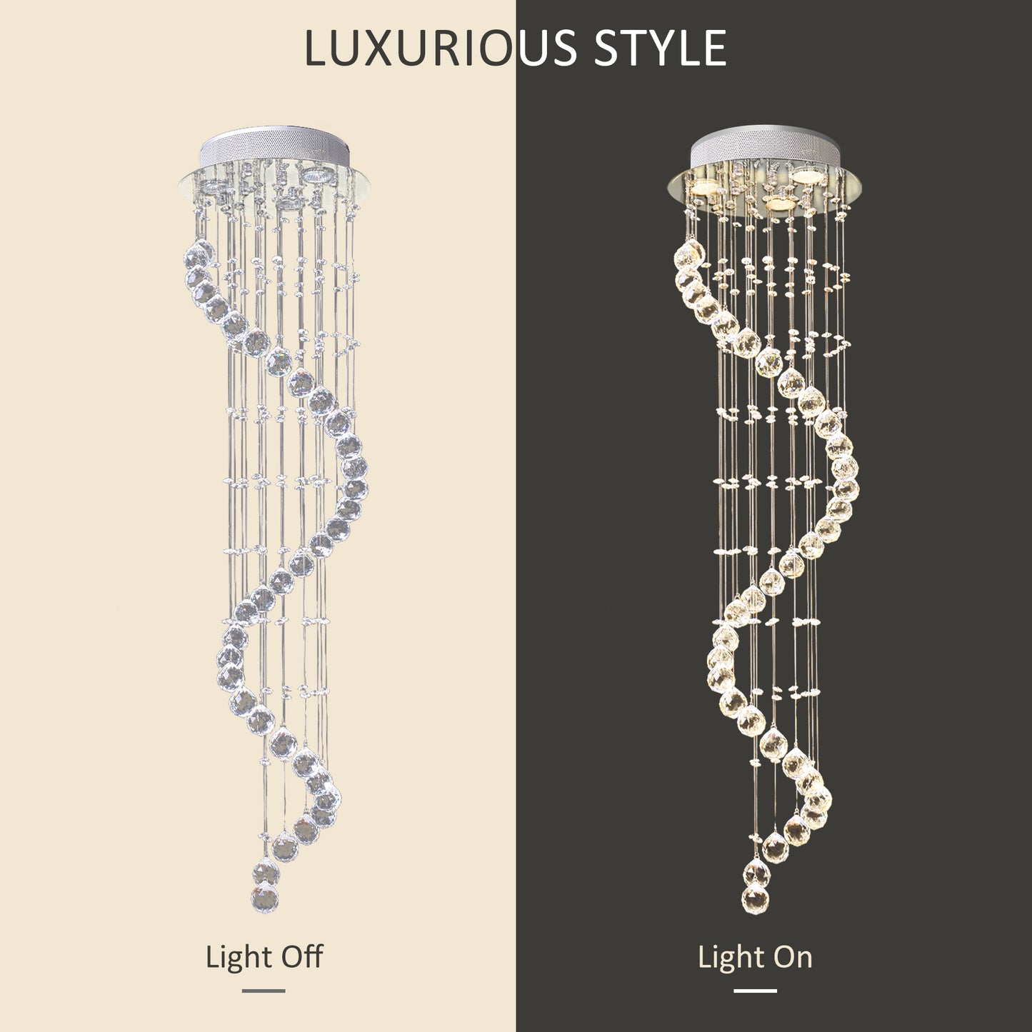 HOMCOM Modern Crystal Chandelier Ceiling Light Pendant Lamp Chrome Finish Glass Droplets New, for Living Room, Bedroom, Hallway, Ф30 x 120cm