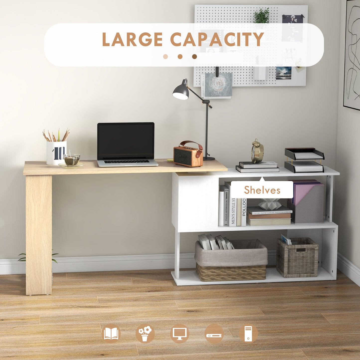 HOMCOM Corner Computer Desk, L Shaped Desk with 360° Rotating Bookshelf, 120L x 110W x 74.5H cm, Natural and White