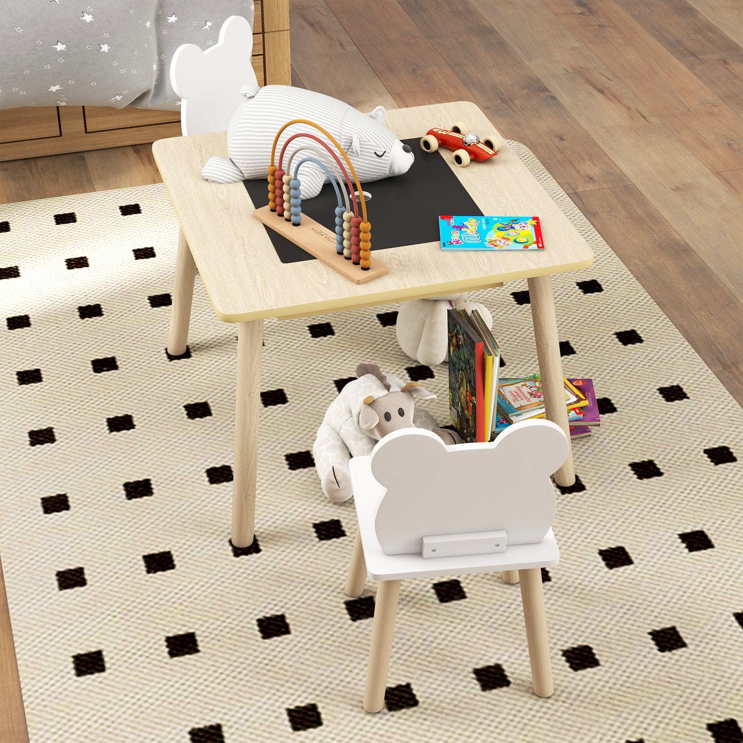 AIYAPLAY 3-Piece Kids Table and Chairs Set with Convertible Desk and Storage Grid, Kids Activity Table for Nursery, Playroom
