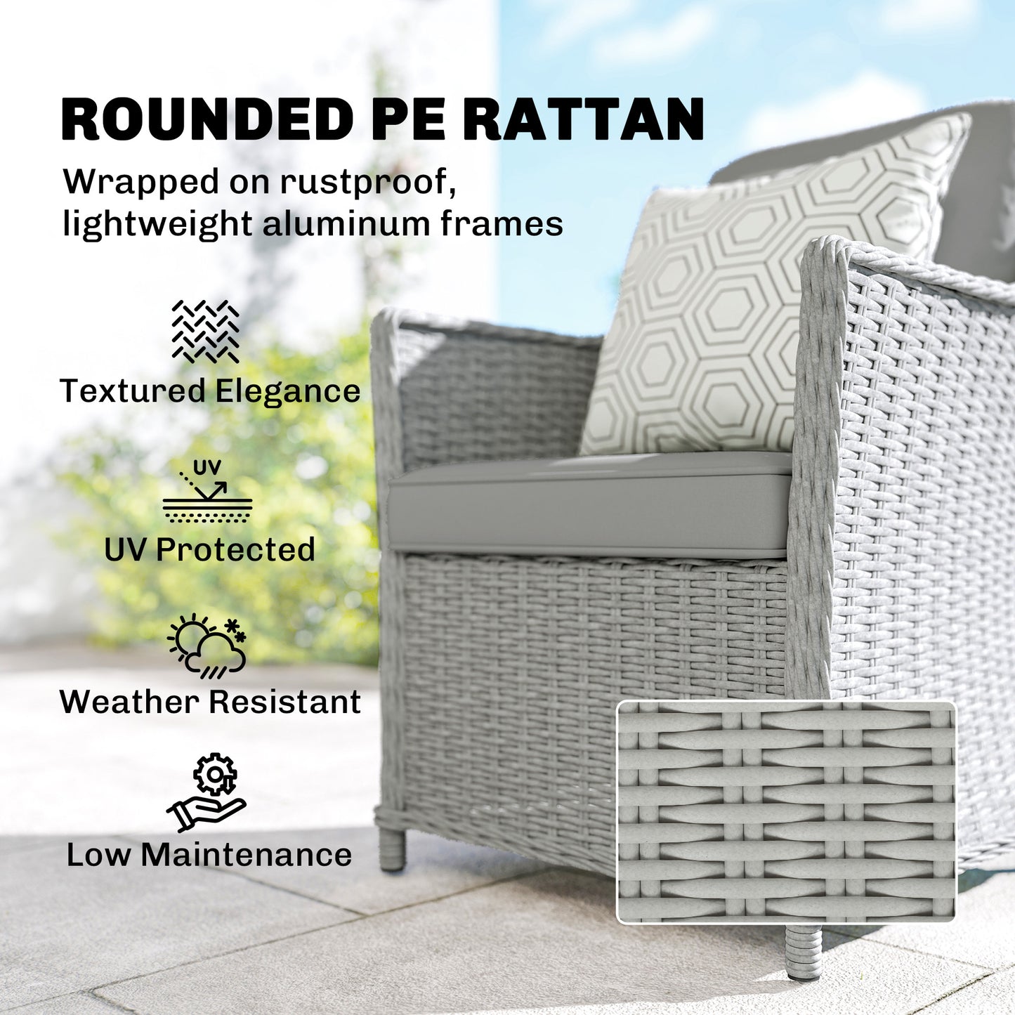 Outsunny Rattan Dining Set with Turntable, Marble Effect Glass Table and 6 Armchairs, Aluminium Frame, Grey