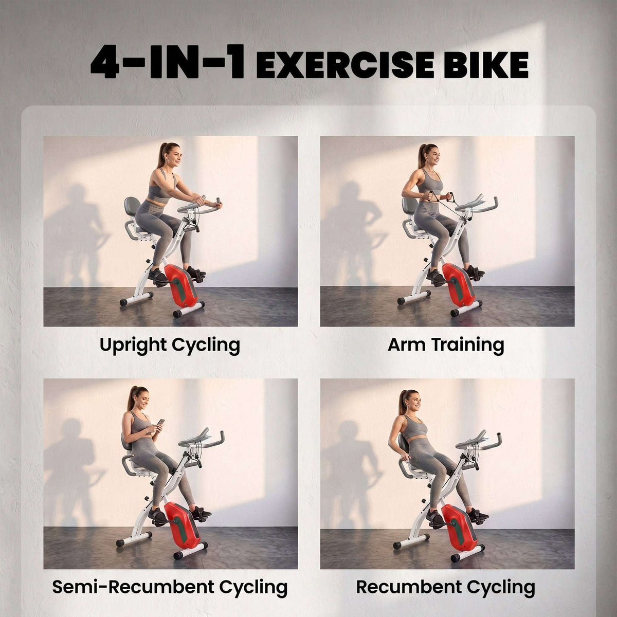 SPORTNOW 4-In-1 Folding Exercise Bike with Resistance Bands, Bluetooth App, 8-Level Magnetic Resistance, LCD Display, Orange