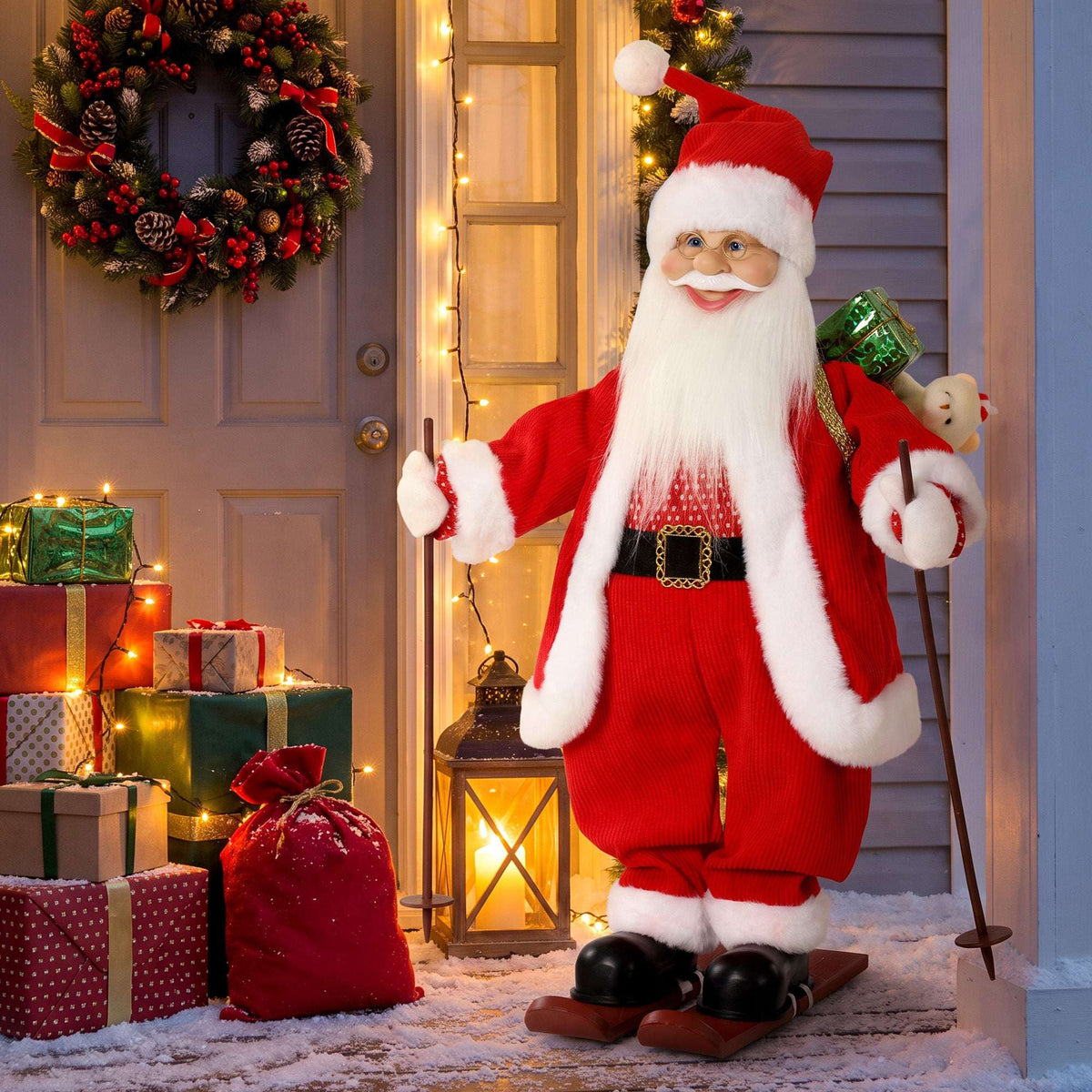 HOMCOM 2ft Singing Skiing Santa Claus, Standing Christmas Animated Santa Figure with Ski Board, Sack, Sound/Touch Activated