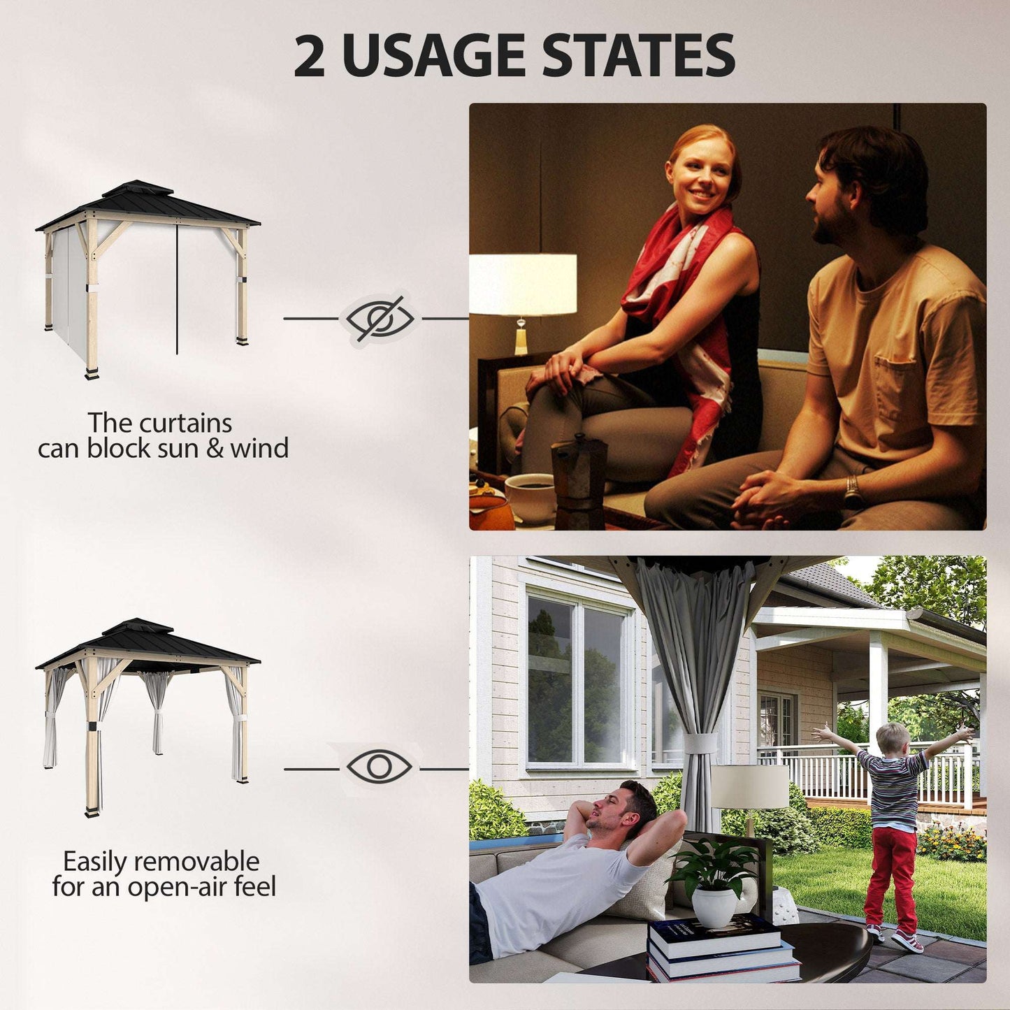 Outsunny 3 x 3 m Outdoor Hardtop Gazebo Canopy with 2-Tier Steel Roof, Wood Garden Gazebo with Curtains, Light Grey