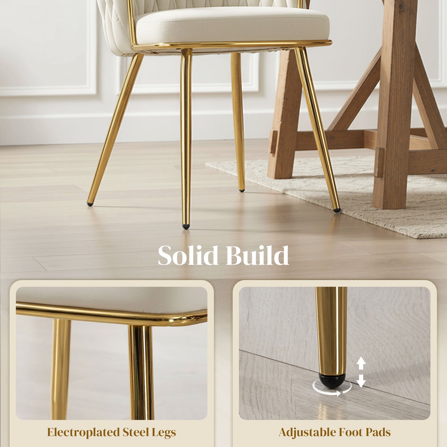 HOMCOM Velvet-Feel Dining Chairs Set of 2, Modern Upholstered Armchair with Knot Design and Golden Metal Legs, Accent Chair for Dining Room, Bedroom, Kitchen, Living Room, Cream