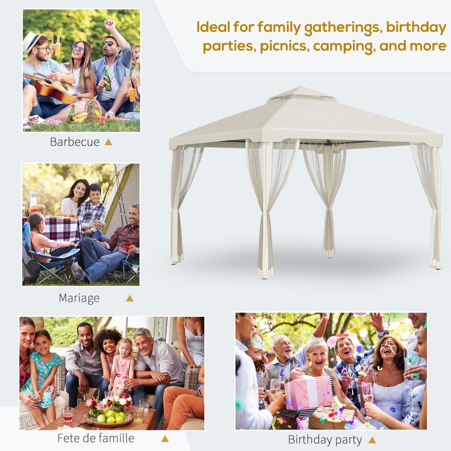 Outsunny 3 x 3 m Metal Gazebo, Double Roof Canopy Shelter with Mesh Sidewalls, Cream White