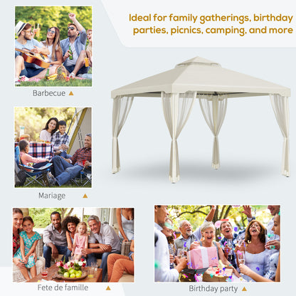 Outsunny 3 x 3 m Metal Gazebo, Double Roof Canopy Shelter with Mesh Sidewalls, Cream White