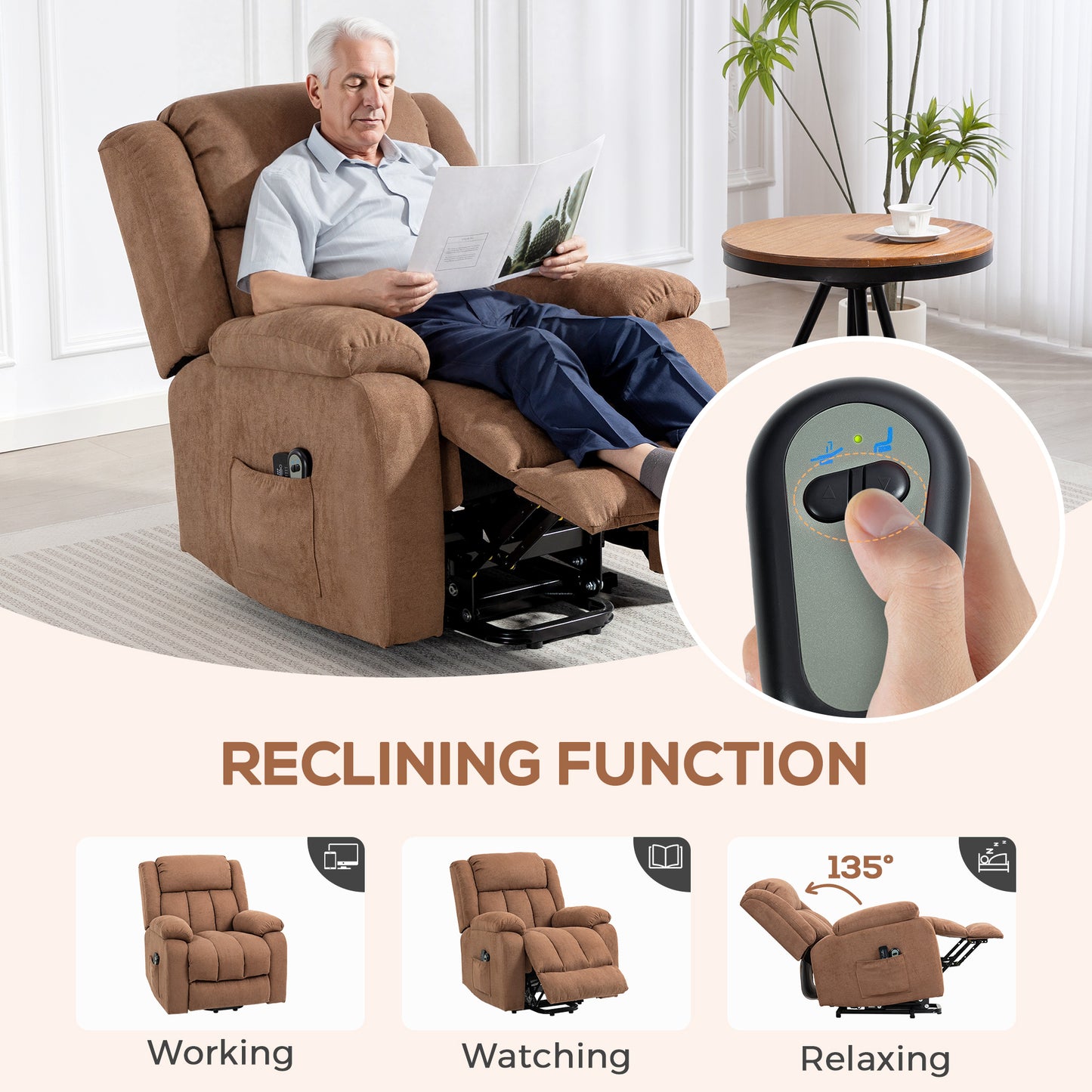 HOMCOM Power Lift Recliner Chair with Vibration Massage, Lift Chair for Elderly with Footrest, Remote, Side Pocket, Brown