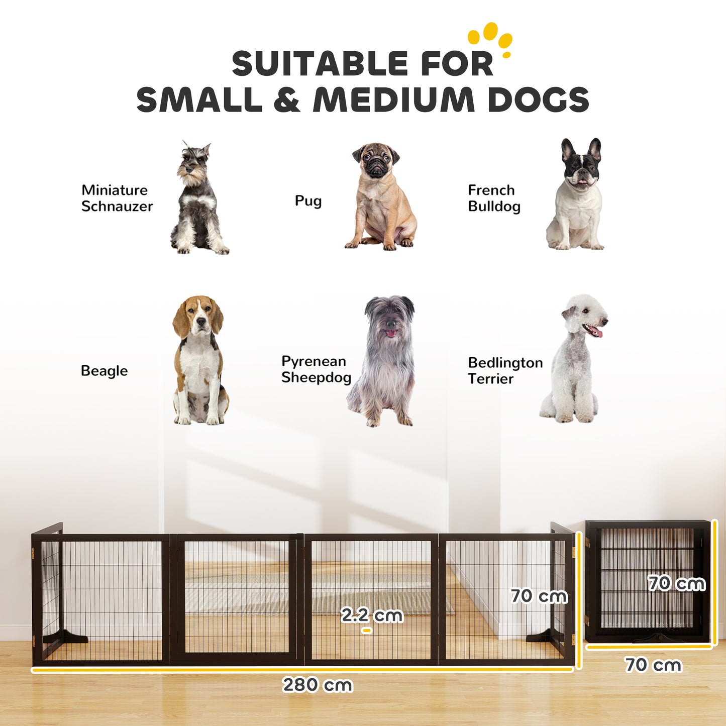 PawHut Wooden Pet Gate, Freestanding Dog Security Barrier with Two Support Feet - Black