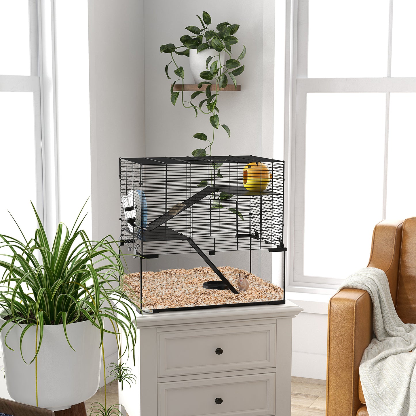 PawHut 3 Tiers Hamster Cage, Gerbil Cage with Deep Glass Bottom, Non-Slip Ramps, Platforms, Hut, Exercise Wheels, Water Bottle, Dish, for Syrian Hamster, Dwarf Hamster, 60 x 40 x 54.5cm