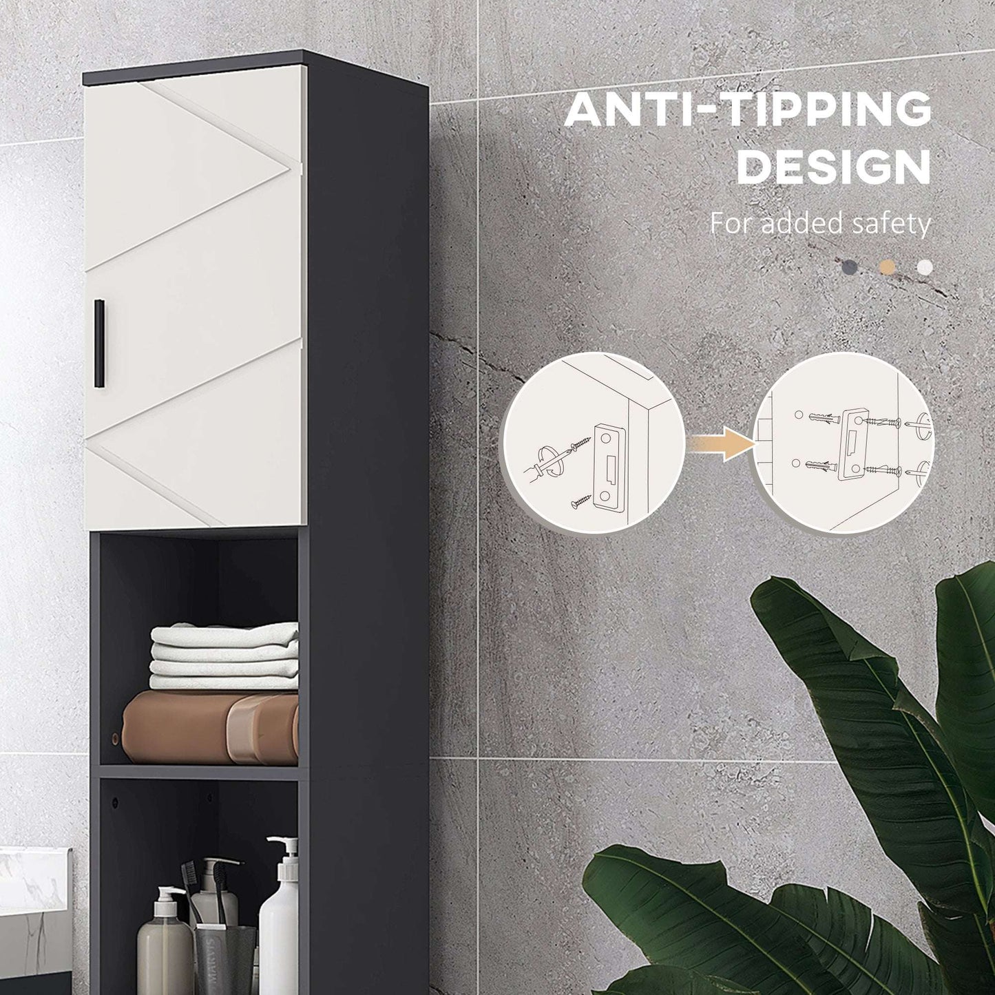 kleankin Line Embossed Tall Bathroom Storage Cabinet with Three-position Adjustable Shelves for Minimalist Style - Grey