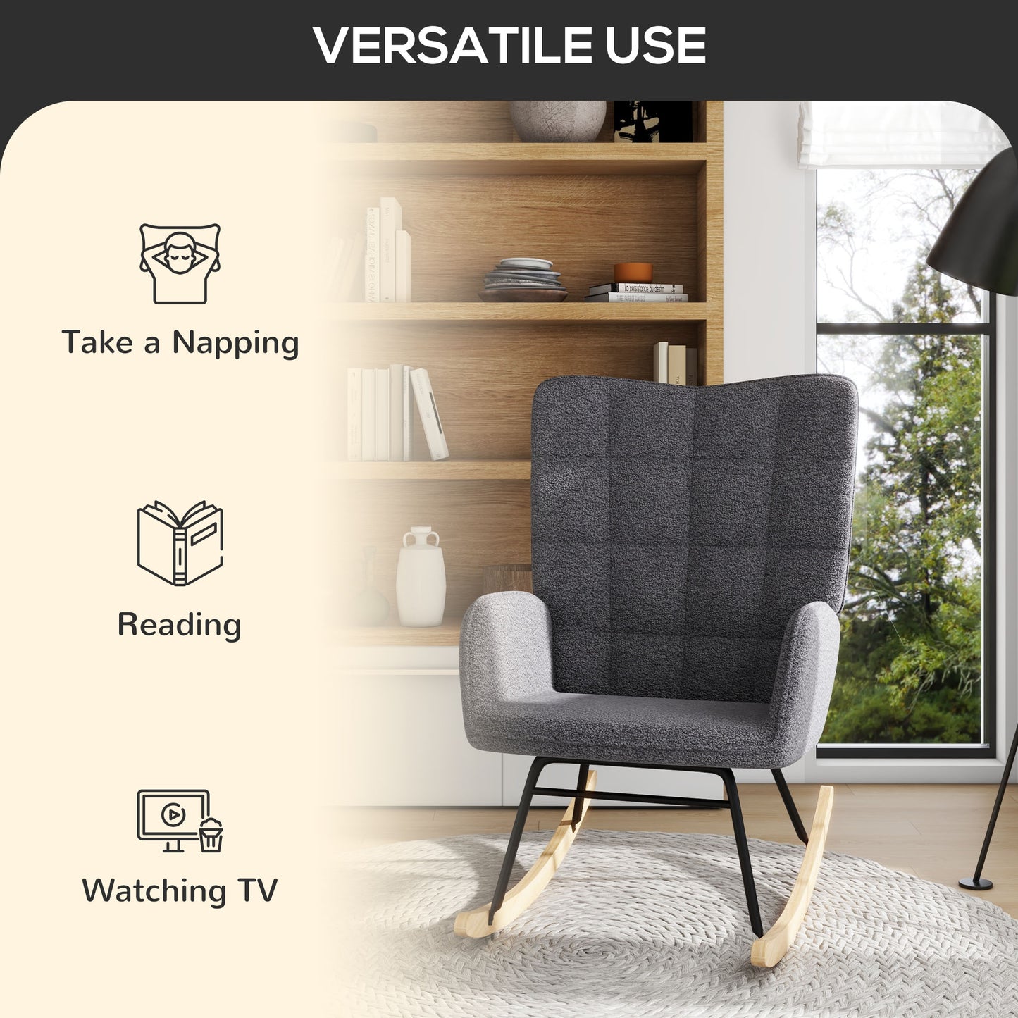 HOMCOM Berber Fleece Nursery Glider Rocker for Nursing, Wingback Rocking Chair for Living Room, Dark Grey
