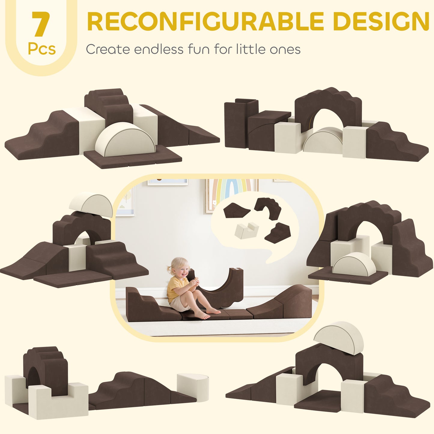 AIYAPLAY 7 Piece Kids Soft Play Set with Detachable Cover, Baby Indoor Climb and Crawl Foam Toys for Toddlers, Brown