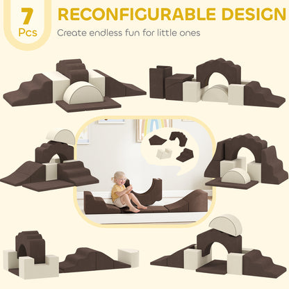AIYAPLAY 7 Piece Kids Soft Play Set with Detachable Cover, Baby Indoor Climb and Crawl Foam Toys for Toddlers, Brown