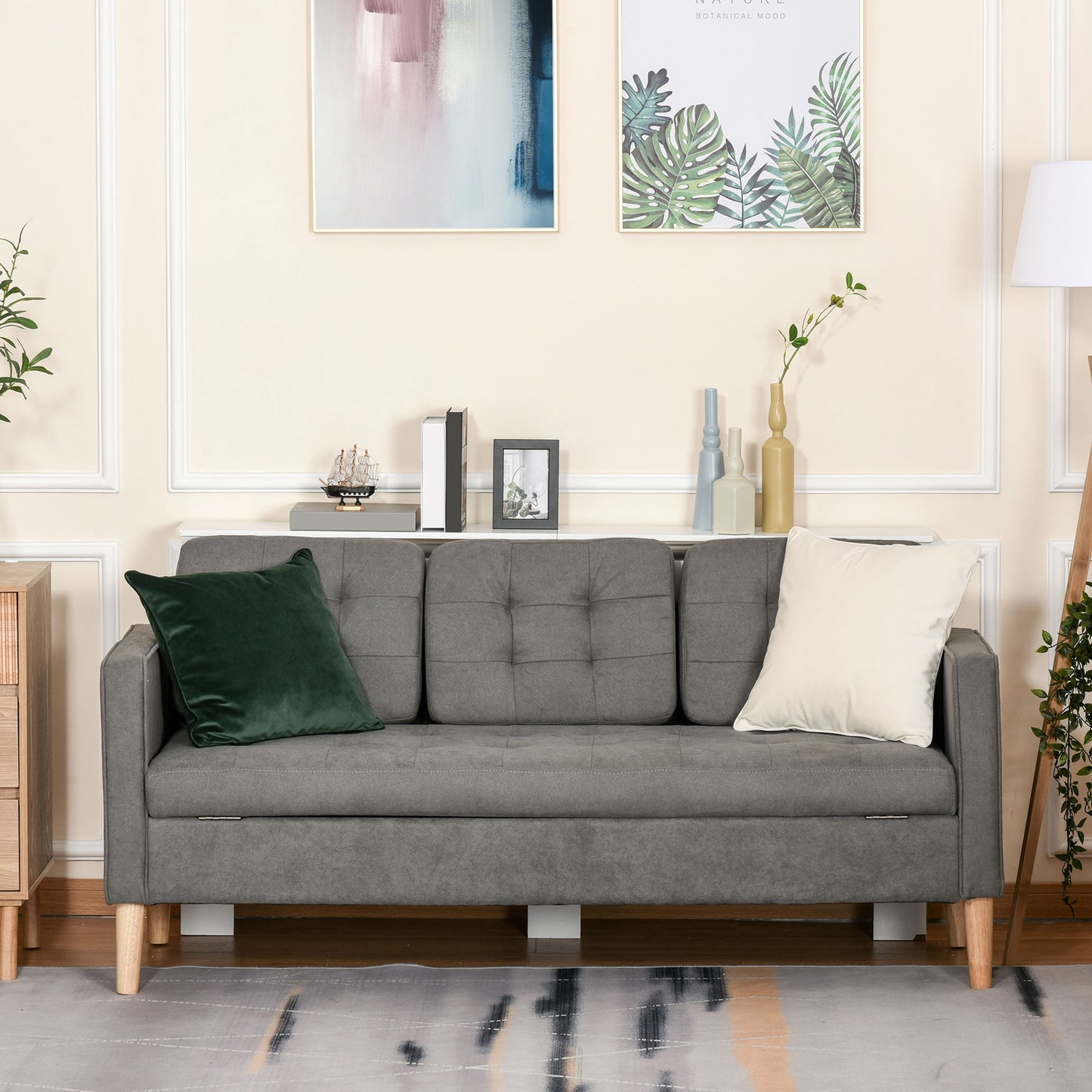 HOMCOM 3 Seater Storage Sofa, Fabric Couch with Hidden Under Seat Storage, Thick Cushions, Compact Space Saving Settee with Rubberwood Legs for Living Room, Apartment, Grey