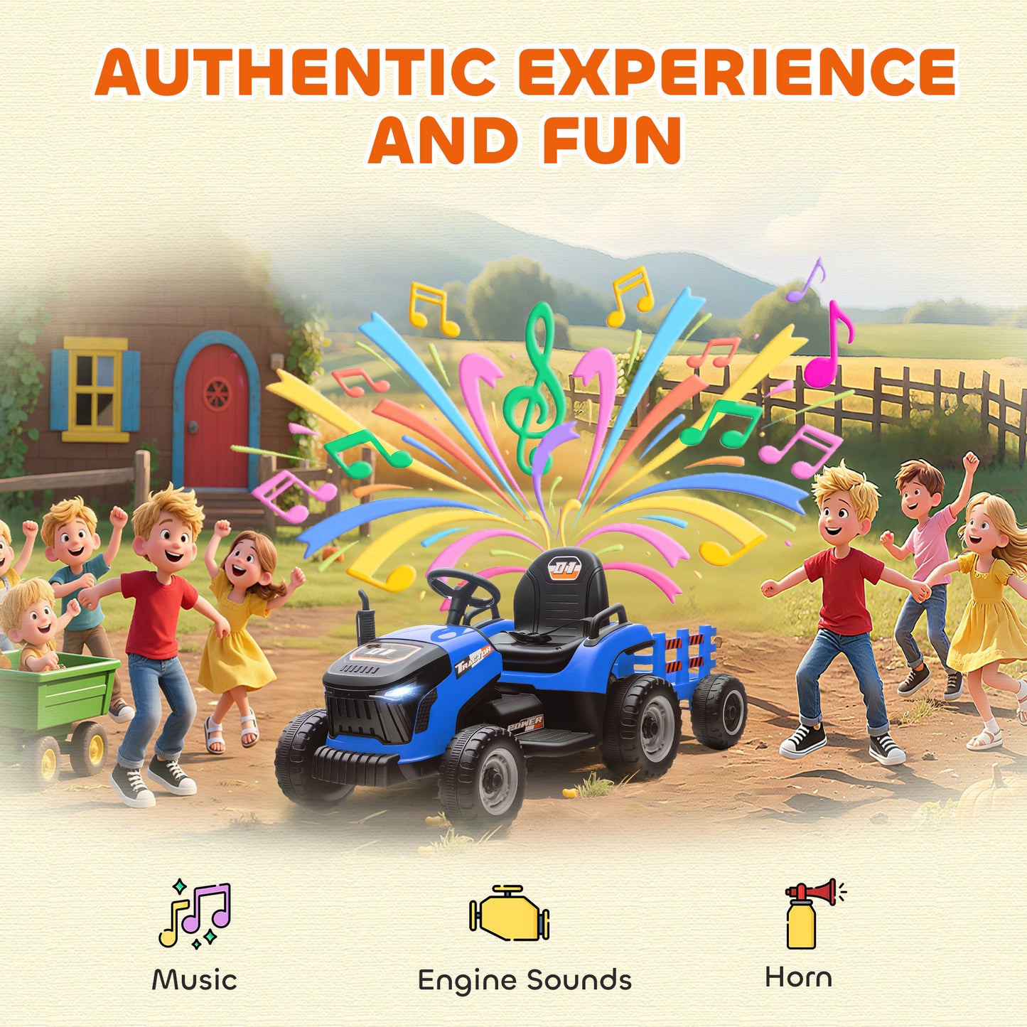 AIYAPLAY 12V Ride on Tractor and Trailer with Remote Control, Music, Shifter, Start-Up Sound, for Kids Ages 3-8 Years, Blue