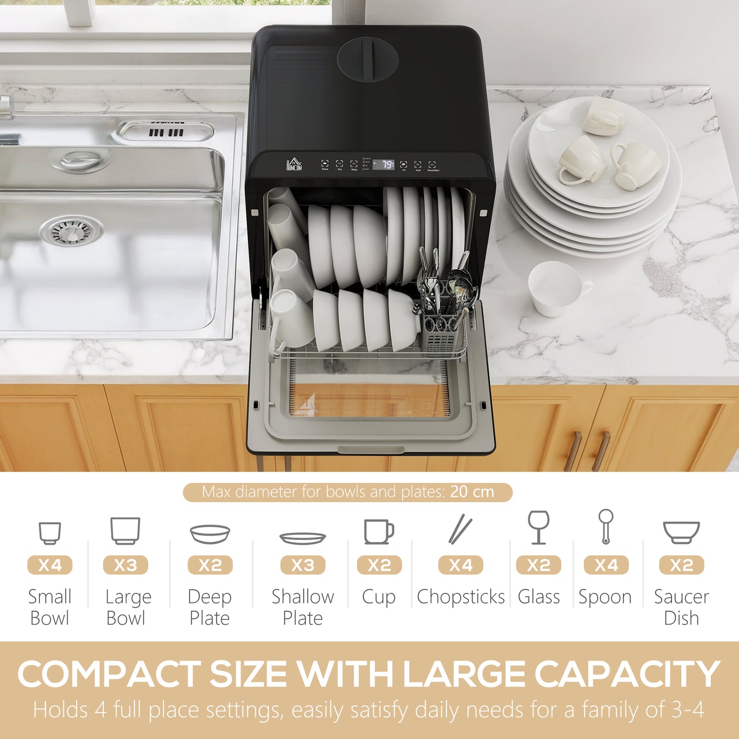 HOMCOM 6L Five-Mode Tabletop Dishwasher - Black