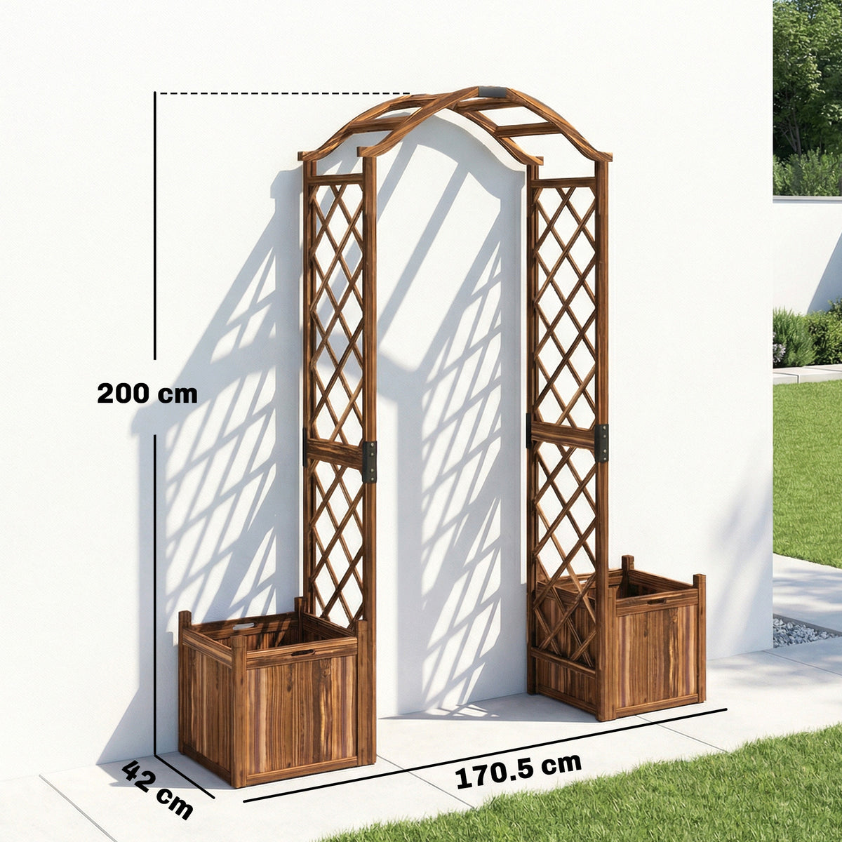 Outsunny Wooden Garden Arch with 2 Planter Boxes, Outdoor Rose Arch Trellis for Climbing Vines, Carbonised-Arches-ChewyGames-ChewyGames