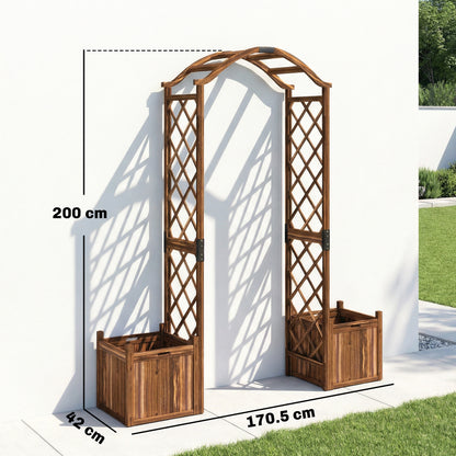 Outsunny Wooden Garden Arch with 2 Planter Boxes, Outdoor Rose Arch Trellis for Climbing Vines, Carbonised-Arches-ChewyGames-ChewyGames