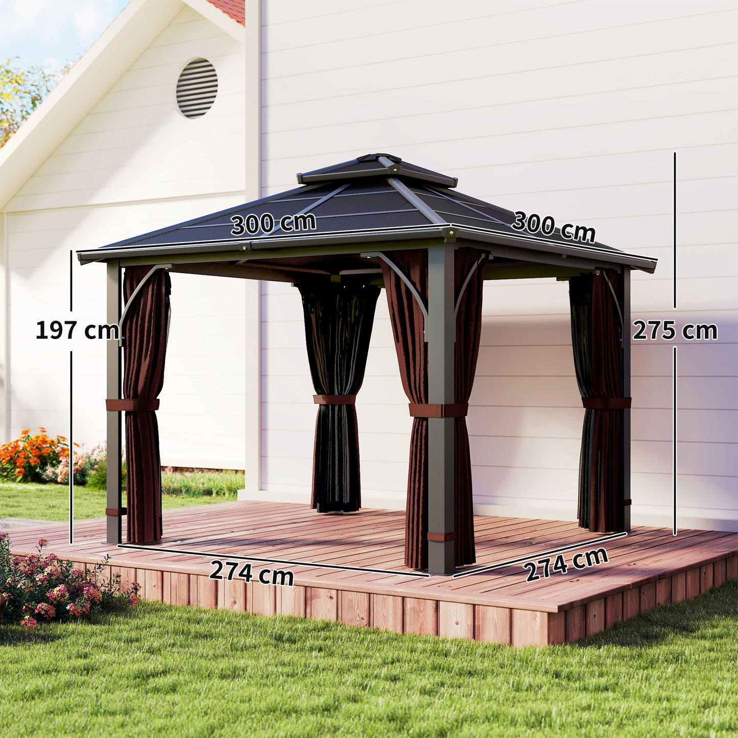 Outsunny 3 x 3(m) Hardtop Gazebo Canopy with 7mm Polycarbonate Double-Tier Roof, Garden Gazebo Permanent Pavilion with Mosquito Netting and Curtains for Patio, Terrace, Brown