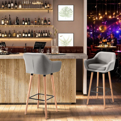 HOMCOM Set of 2 Bar Stools Modern Upholstered Seat Bar Chairs w/ Metal Frame, Solid Wood Legs Living Room Dining Room Fabric Furniture - Grey